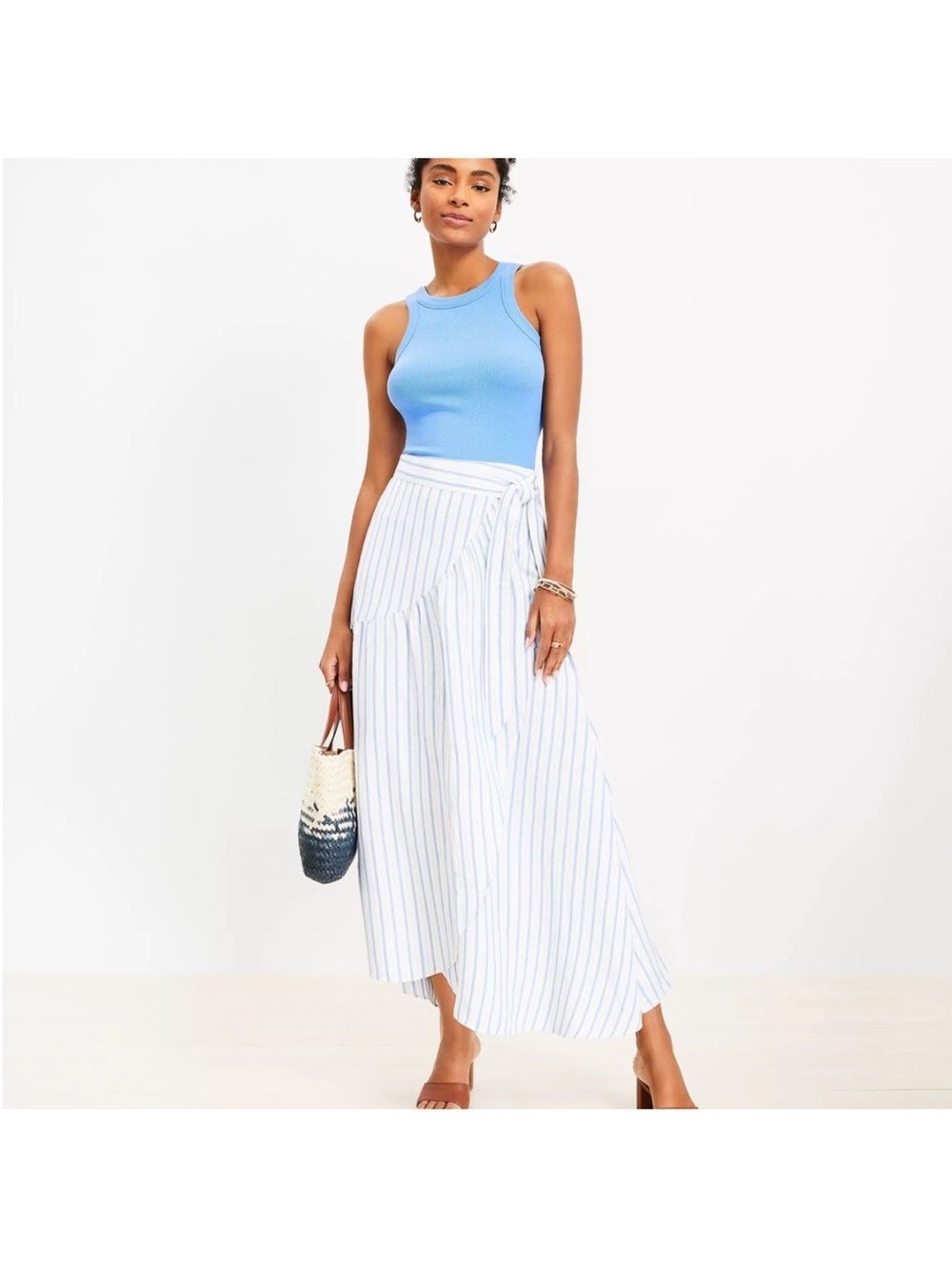 LOFT Sky Blue Ribbed Tank with White & Blue Striped Wrap Midi Skirt